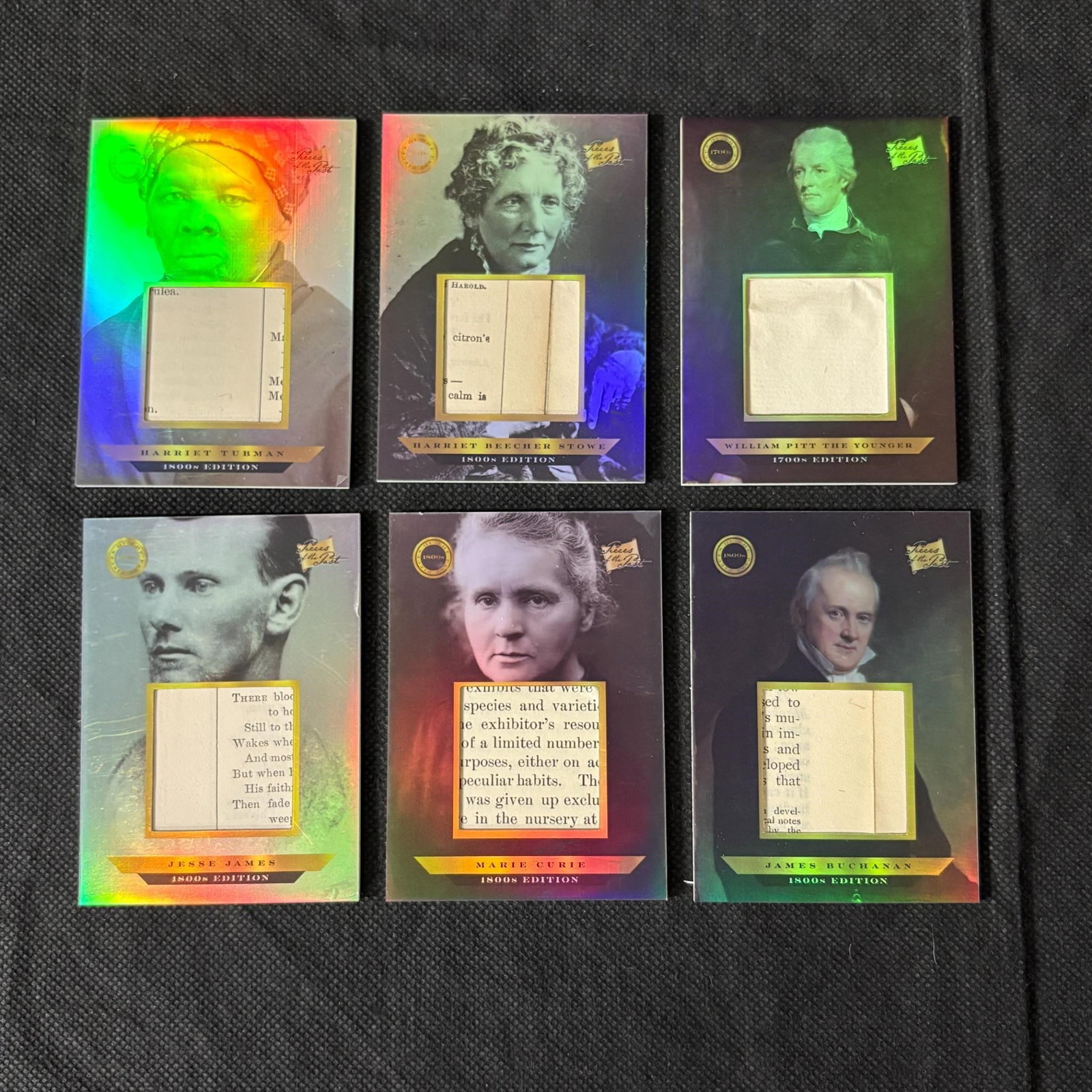 Pieces of the Past Relic Card lot, Harriet Tubman+: Lot of 2024 Pieces of the Past Relic Cards. Includes Harriet Tubman, Jesse James, Harriet Beecher Stowe, Marie Curie ++ We offer in person or virtual previews of auction lots up until the day before t