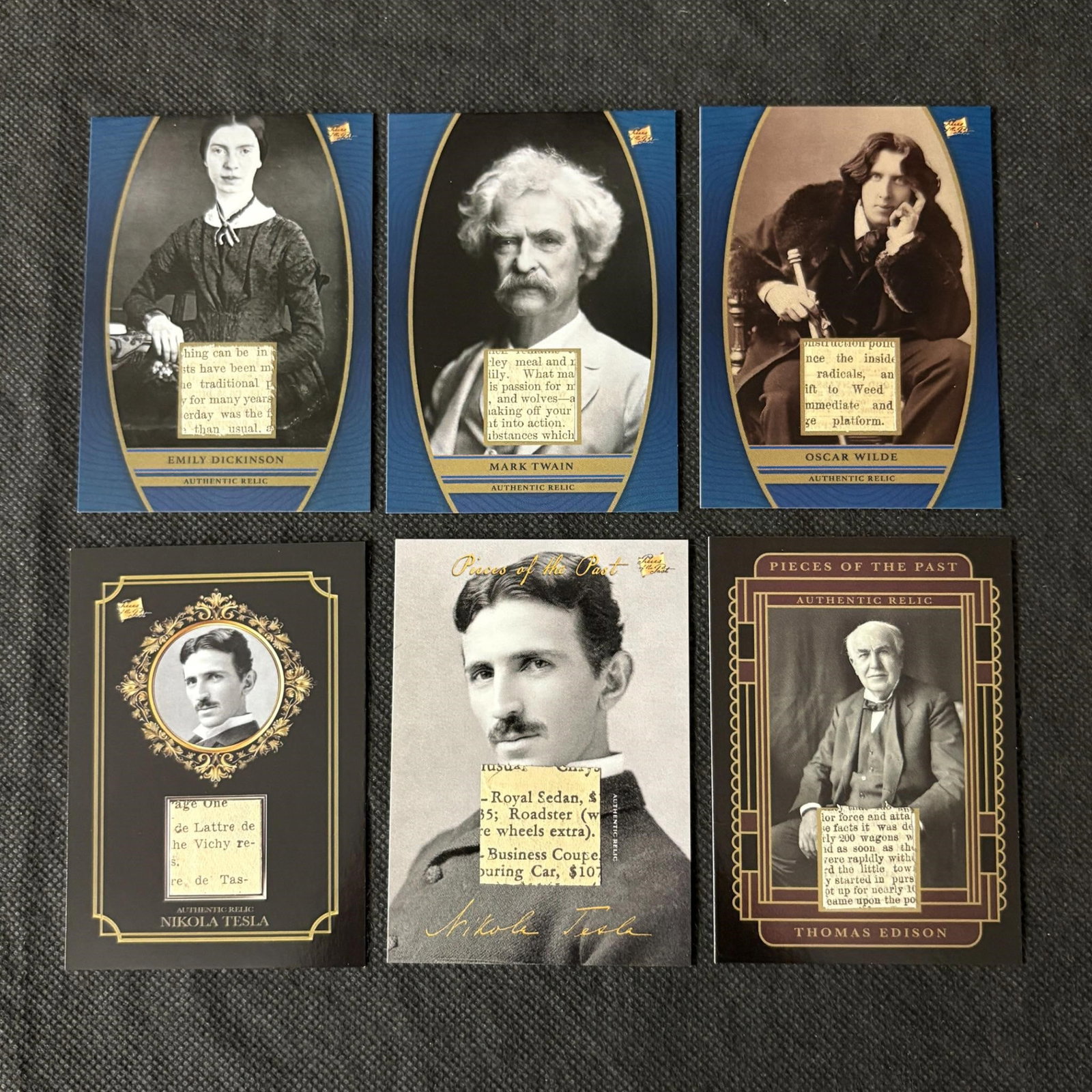 Pieces of the Past Relic Cards, Tesla +: Lot of Pieces of the Past Relic Cards. Includes Emily Dickinson, Nikola Tesla, Mark Twain, Oscar Wilde and Thomas Edison We offer in person or virtual previews of auction lots up until the day before 