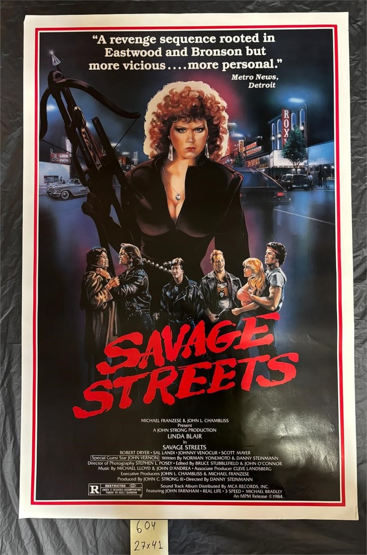 Savage Streets Original 1984 Movie Poster: Savage Streets Original 1984 One Sheet Movie Poster. Starring Linda Blair. Dimensions: 41x27. We offer in person or virtual previews of auction lots up until the day before the auction. All items are