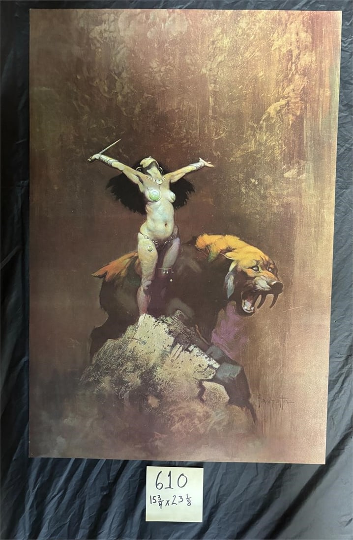 Frank Frazetta Vintage Fantasy Print: Vintage Frank Frazetta Fantasy Art Print. Dimensions: 15 3/4 x 23 1/8. We offer in person or virtual previews of auction lots up until the day before the auction. All items are sold as is. Please look