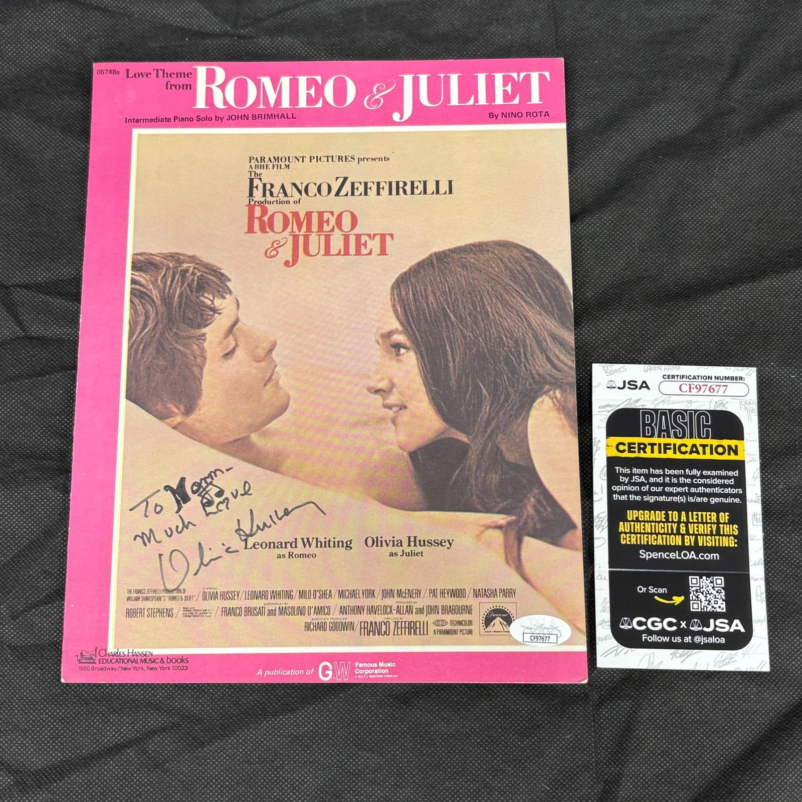 Olivia Hussey Sig Sheet Music, Romeo & Juliet JSA: Sheet Music for the movie Romeo and Juliet Signed by Olivia Hussey (Juliet). Olivia Hussey was a British actress and Golden Globe winner who played iconic roles in Shakespeare, horror, and religious f