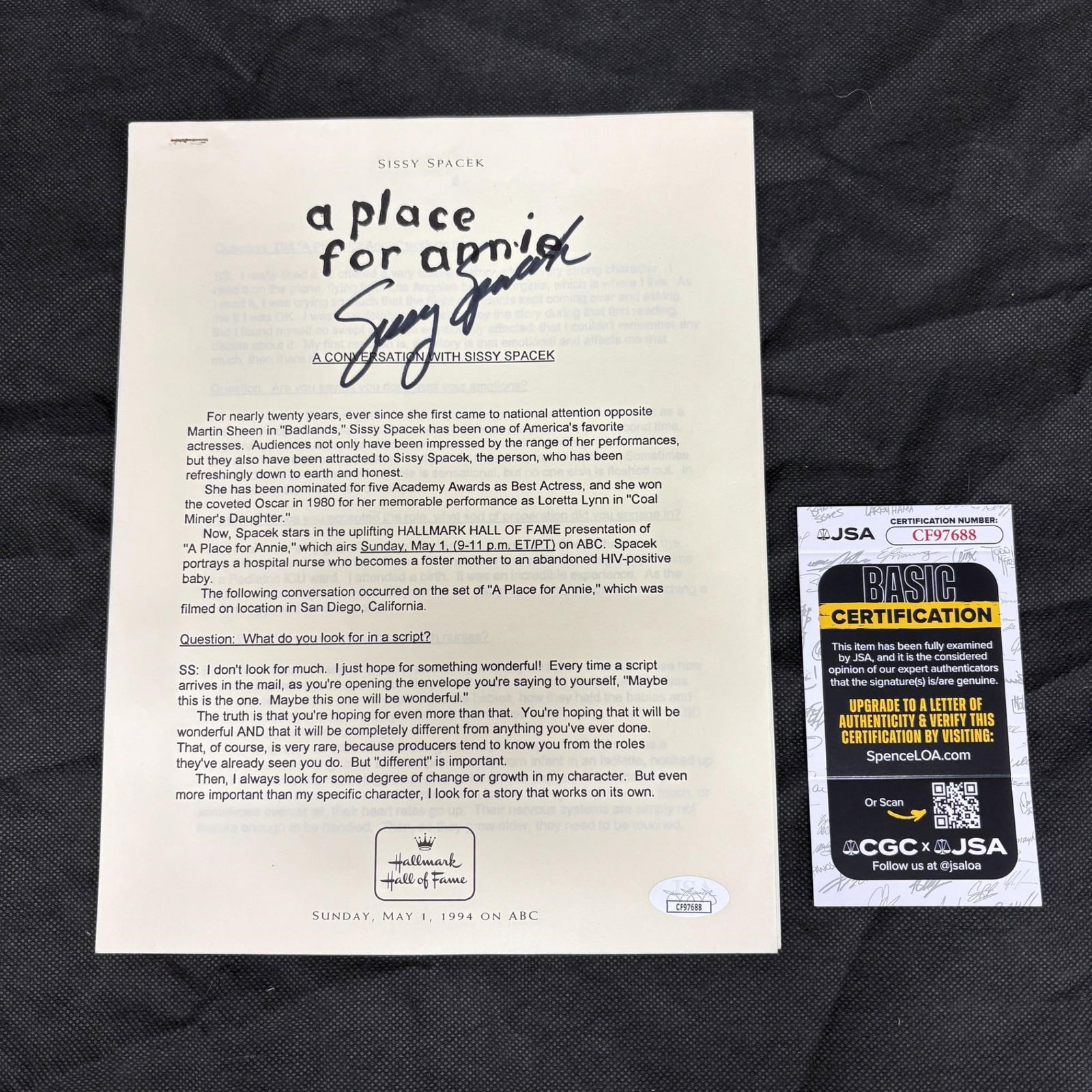 Sissy Spacek Signed Press Release, JSA COA (1 of 3)