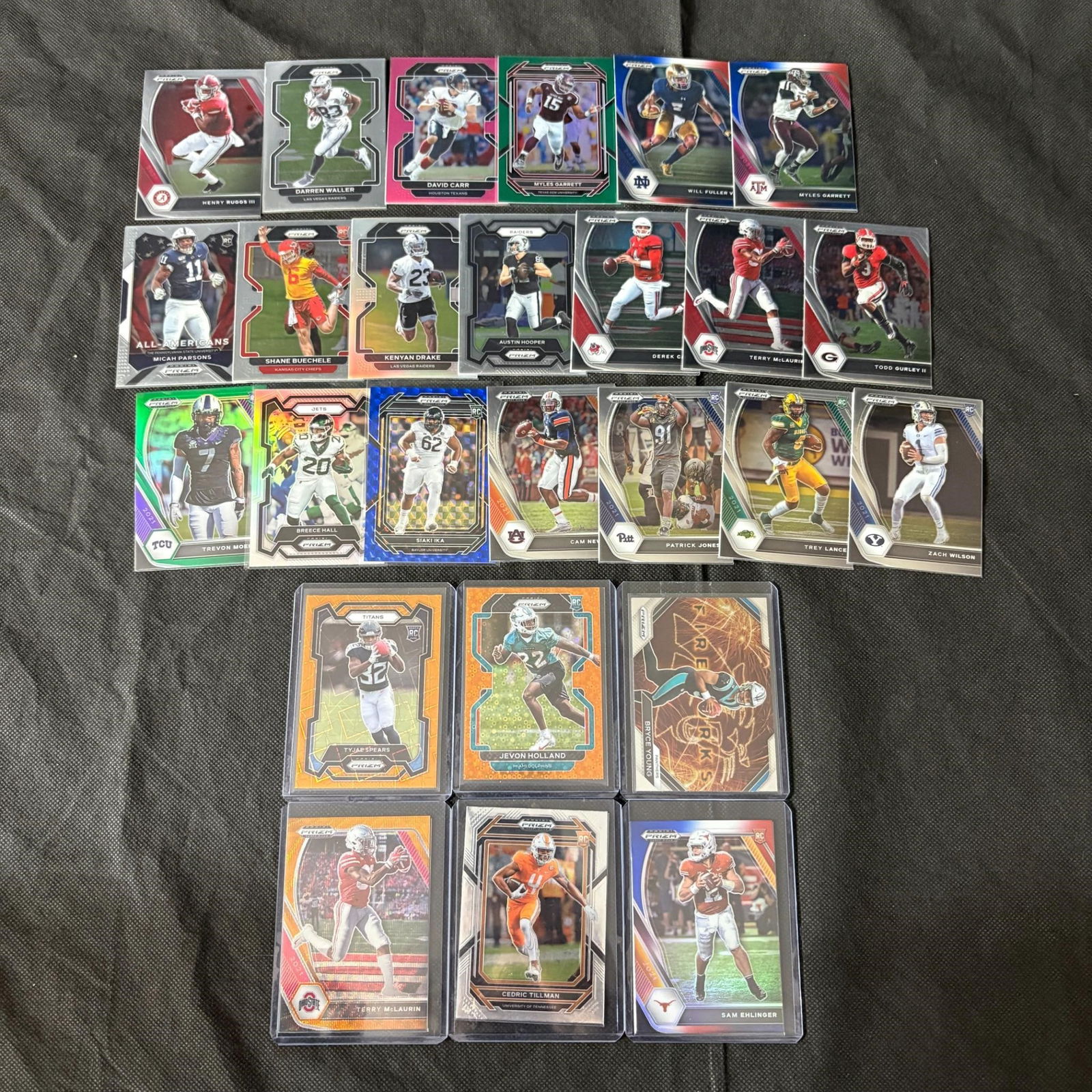 Panini Prizm Football Card lot Terry McLaurin DP: Lot of Panini Prizm Football Cards. From Various Years. Includes Terry McLeaurin Draft Pick, Cedric Tillman Rookie, Sam Ehlinger Rookie, Bryce Young, Jevon Holland Rookie, and more. Includes Parallels