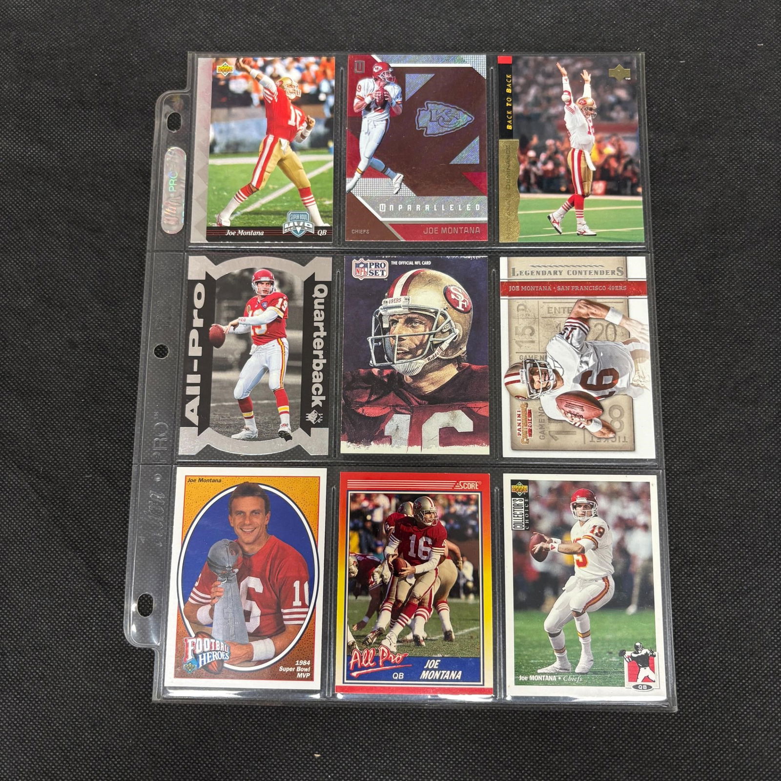 SHEET OF 9 HOF JOE MONTANA CARDS (1 of 2)