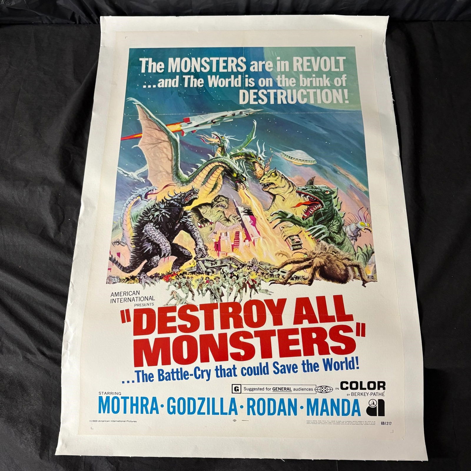 Destroy All Monsters One Sheet Linen Backed: Fantastic Reynold Brown artworkmakes this one of the most sought after Toho movie posters. Beautiful linen backed copies of this poster sell between $700-1,200. Original 1969 One Sheet Movie Poster fo