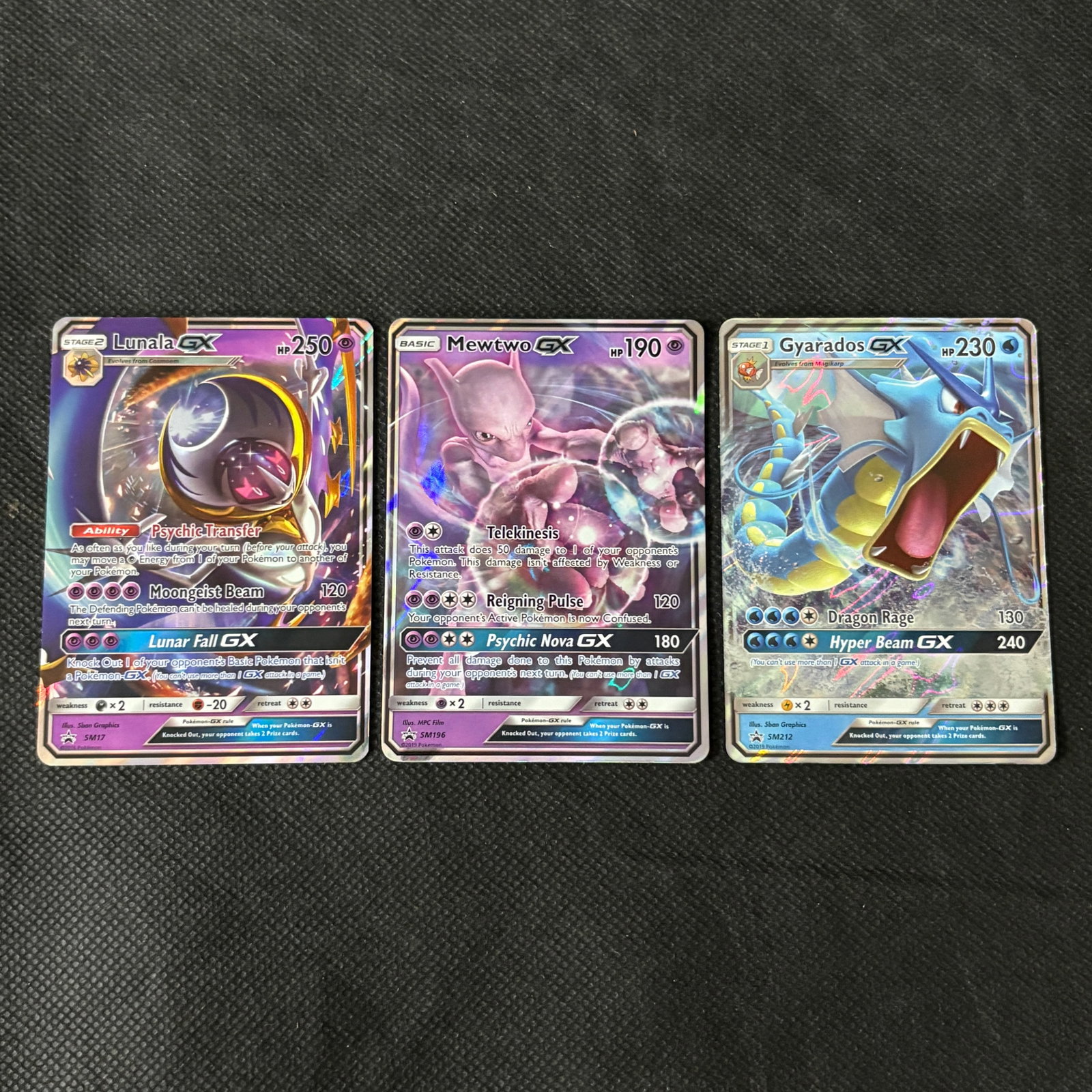 Sun and Moon Era Promo Pokemon Cards, Mewtwo +: Includes Lunala GX #SM17, Mewtwo GX #SM196, and Gyarados GX #SM212 Promo Pokemon Cards. We ship in-house! We ship internationally. We also offer pick up and we offer a discount for cash payments. Plea