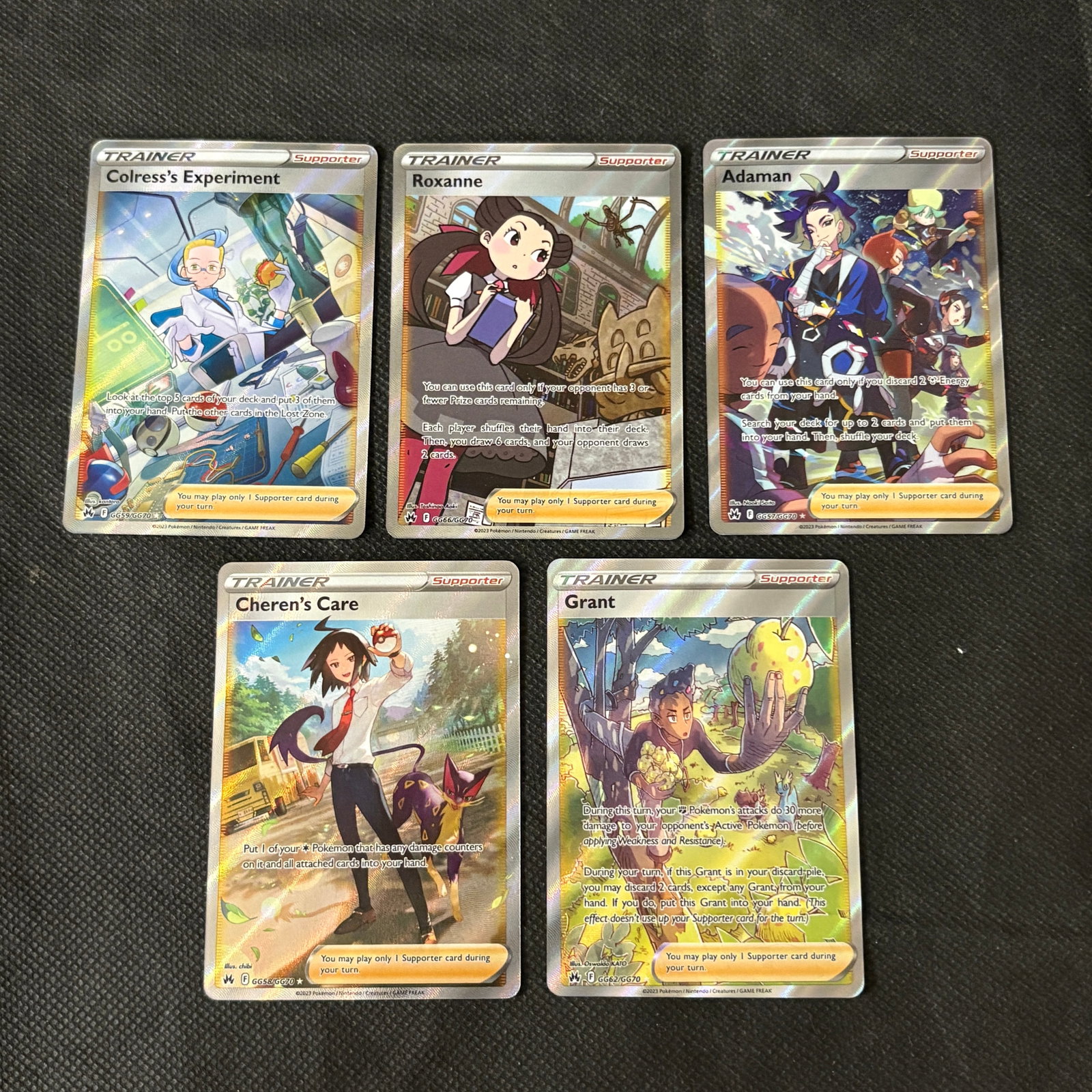 Galarian Gallery Trainer Pokemon Cards, Roxanne: Lot of Crown Zenith Galarian Gallery Trainer Pokemon Cards. Includes Roxanne, Cheren's Care, Grant, Colress's Experiment, and Adaman. We ship in-house! We ship internationally. We also offer pick up a