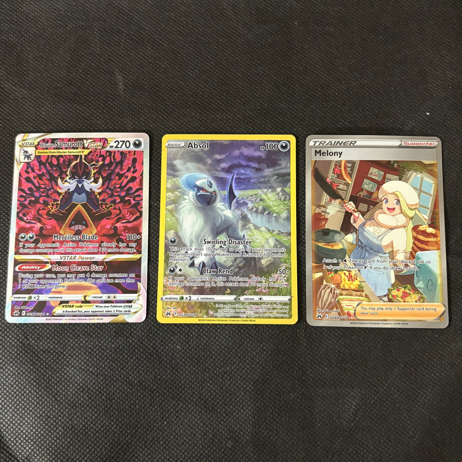 Crown Zenith Galarian Gallery, Samurott VSTAR, Melony +: Crown Zenith Galarian Gallery Pokemon Cards. Includes Samurott VSTAR #GG52, Absol #GG16,, and Melony #GG64. We ship in-house! We ship internationally. We also offer pick up and we offer a discount for