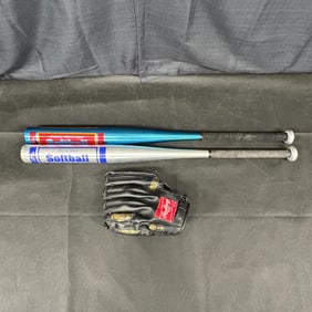 Baseball Glove, (2) Aluminum Softball Bats