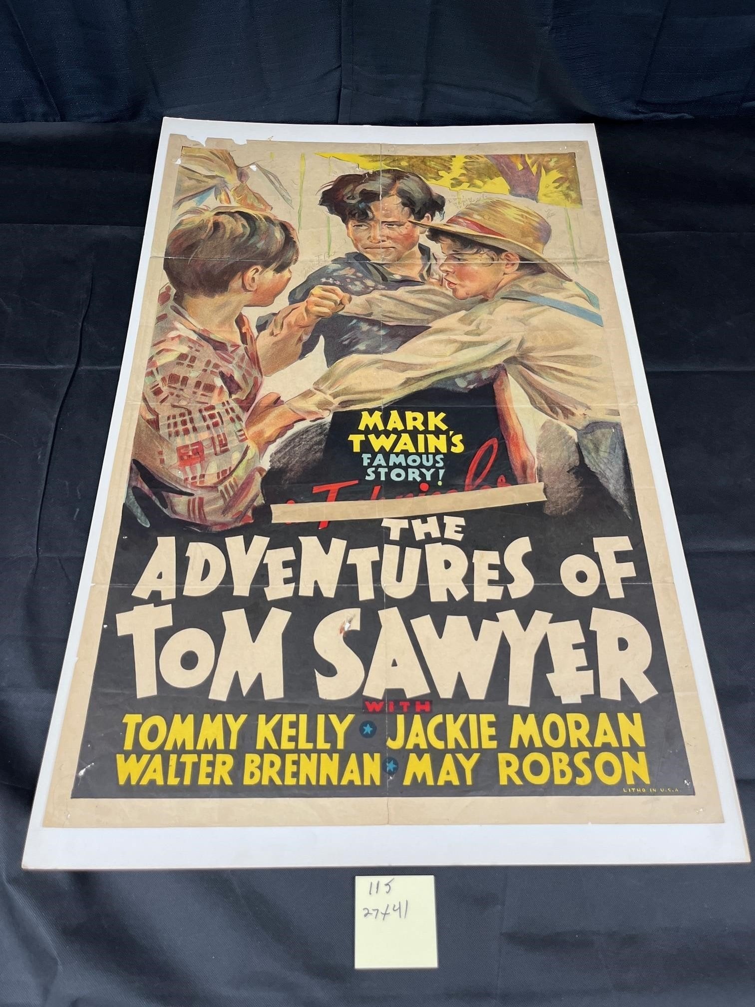 Rare 1938 Adv. Tom Sawyer One-Sheet Movie Poster: Extremely rare Original One-Sheet Movie Poster from the 1938 Film. We've not been able to locate a single individual sale of this movie poster. The poster has been preserved onto thick cardboard. It's