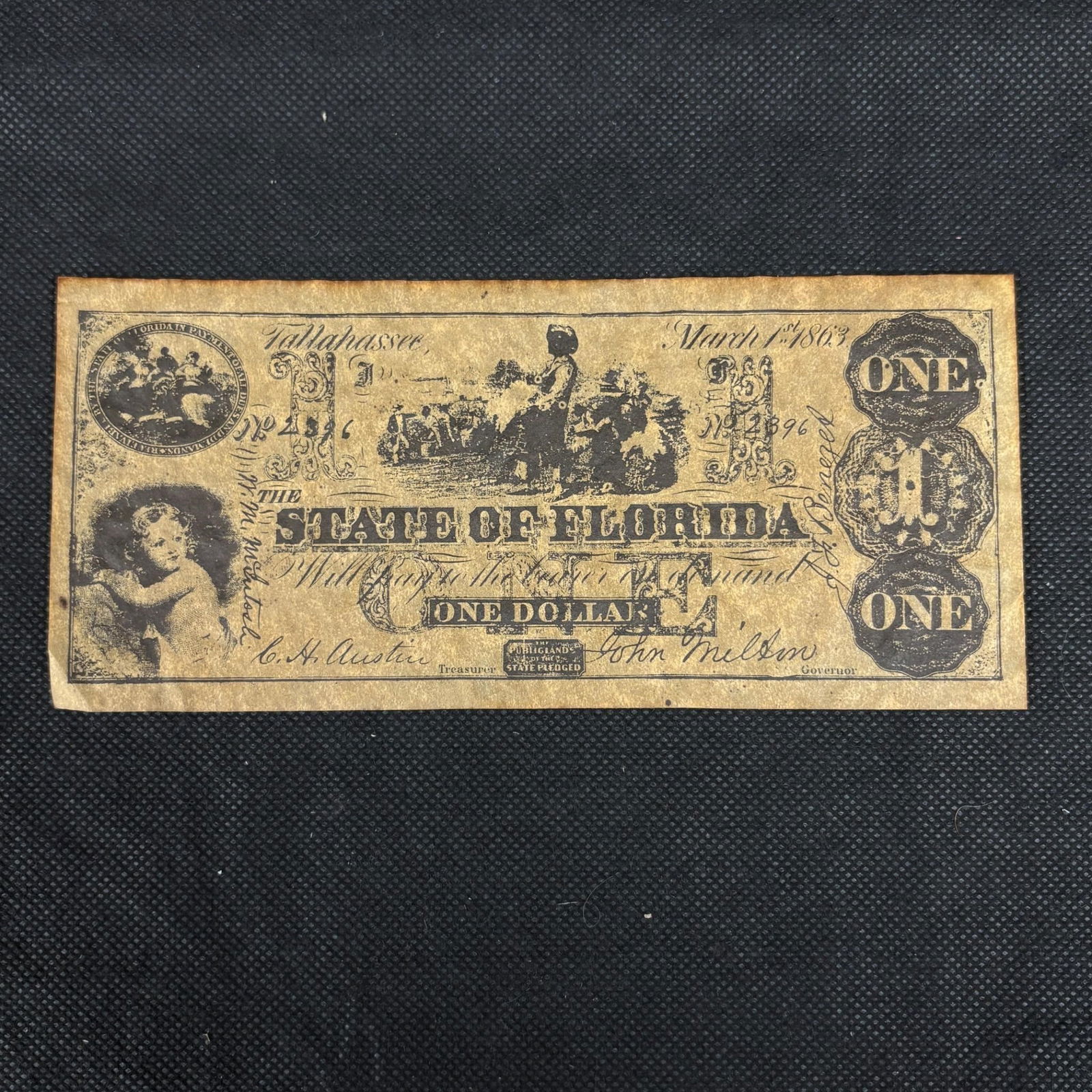 1863 Florida $1 Bank Note, Cotton Pickers Vignette: Civil War Era Currency 1863 Florida (Tallahasse) $1 Note. Featuring Cotton Pickers Vignette. We ship in-house! We ship internationally. We also offer pick up and we offer a discount for cash payments.