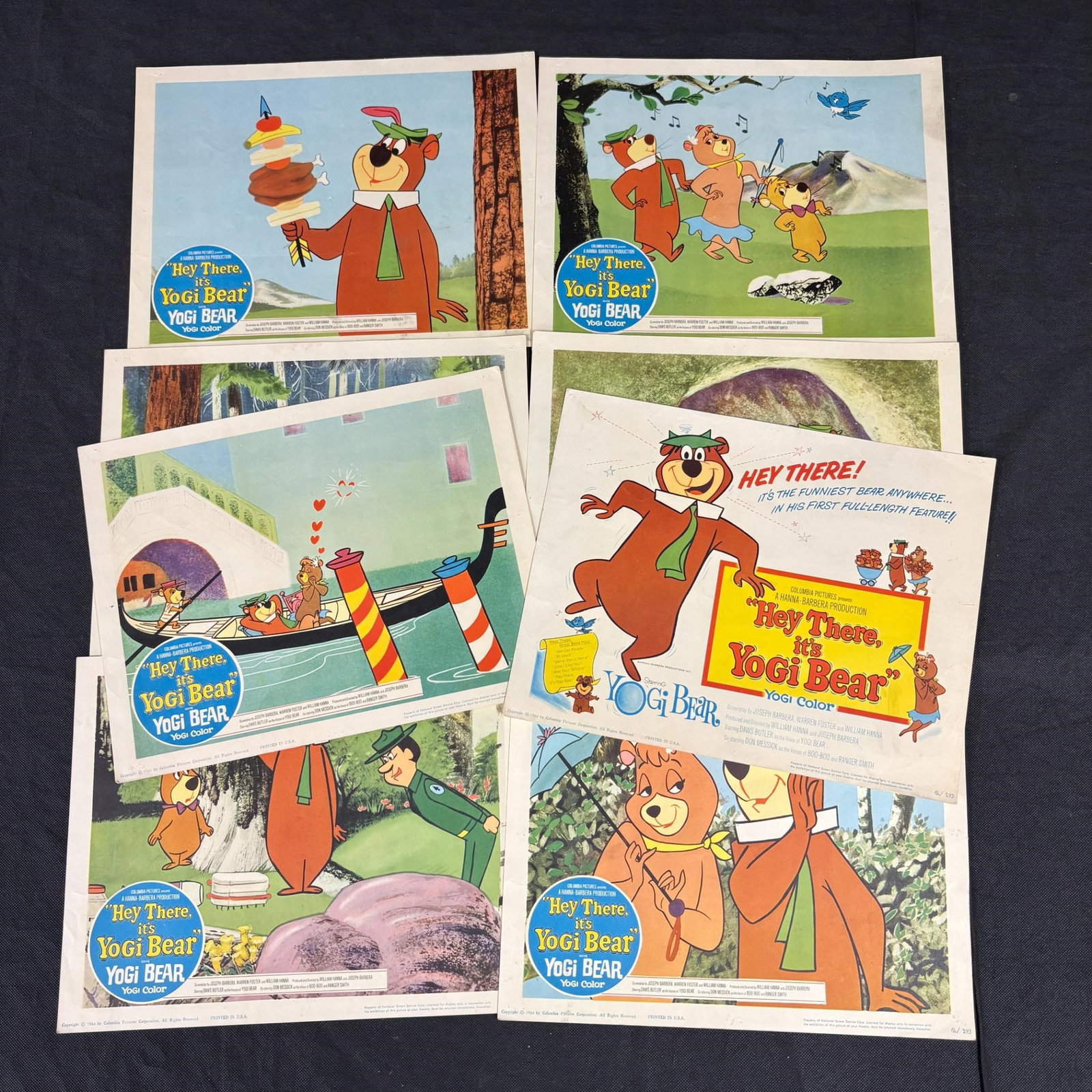 1964 Hey there it's Yogi Bear Lobby Card Set: Original 1964 Hey there it's Yogi Bear Lobby Card Set. Complete set of 8. We ship in-house! We ship internationally. We also offer pick up and we offer a discount for cash payments. Please look at pic