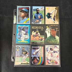 SHEET OF 9 HOF RICKEY HENDERSON CARDS