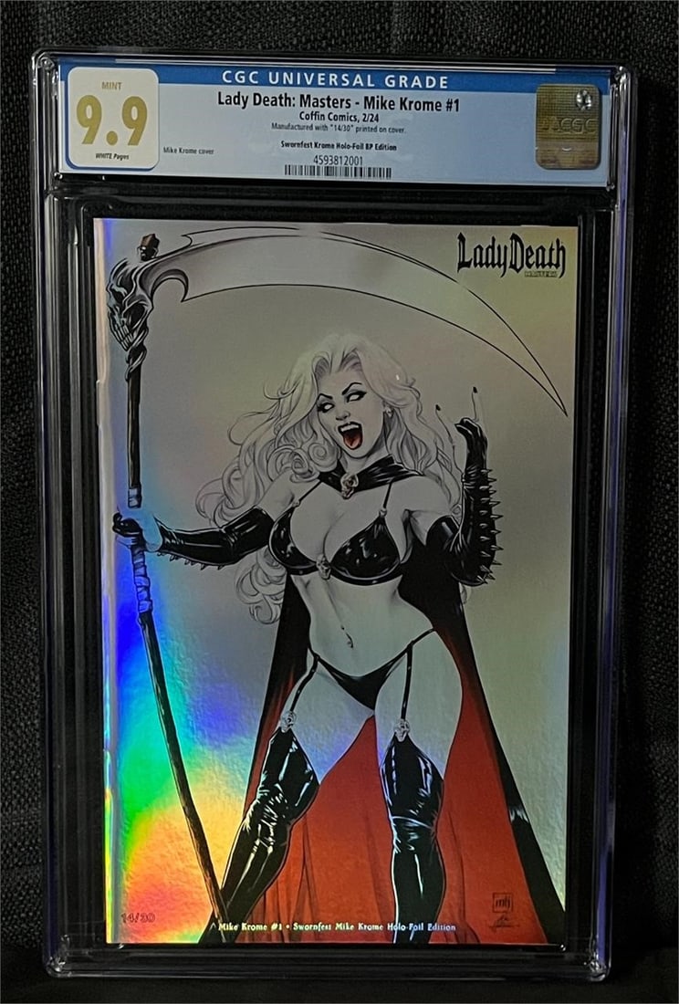 Lady Death Mike Krome Foil Ed #14/30 CGC 9.9 MINT: We ship in-house! We ship internationally. We also offer pick up and we offer a discount for cash payments. Please look at pictures carefully to determine what you believe are the condition of each lo