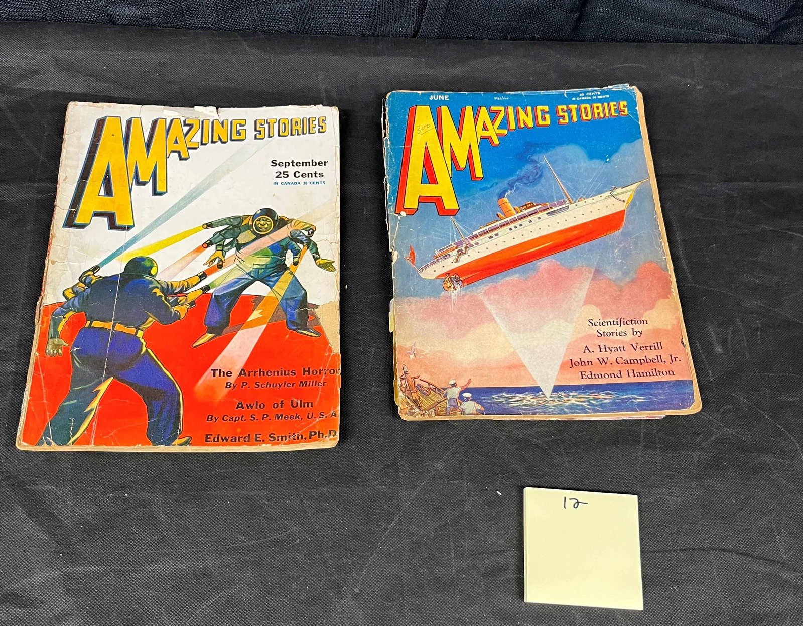 A Pair of Amazing Stories Pulp Magazines, including June 1930: A pair of vintage "Amazing Stories" pulp magazines, each featuring distinctive science fiction artwork on their paper covers. The right magazine, identified through web intelligence as the June 1930 i