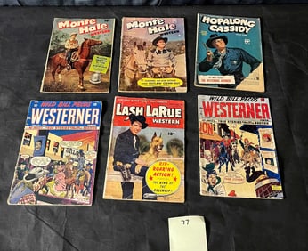 A Collection of Six Vintage American Western Comic Books, including Lash LaRue Western by Fawcett