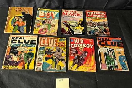 8 Vintage American Golden Age Comic Books, including Clue Comics, Target, and Real Clue Crime