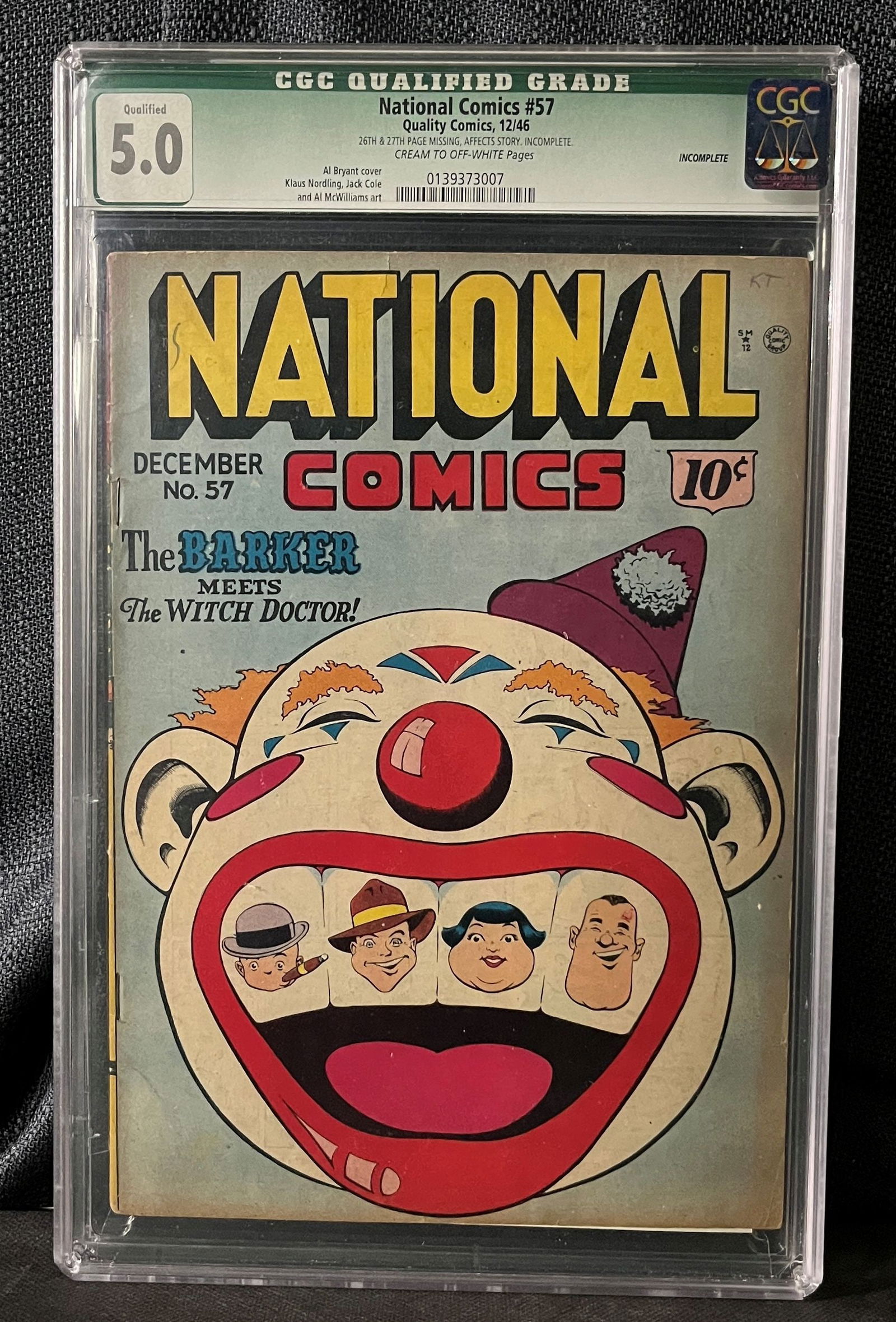 National Comics #57, Quality Comics, December 1946, CGC Qualified Grade 5.0, 'The Barker Meets The: A vintage American comic book, "National Comics #57," published by Quality Comics in December 1946. The comic is encased in a clear protective plastic slab graded by CGC (Certified Guaranty Company) w