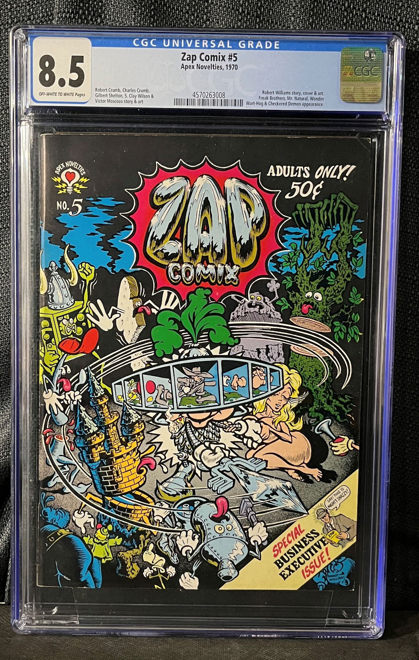 Zap Comix #5 Robert Crumb Underground Comic Apex Novelties 1970 CGC Graded 8.5: A CGC-graded copy of Zap Comix #5, published by Apex Novelties in 1970. Encapsulated in a transparent plastic slab with a CGC UNIVERSAL GRADE of 8.5 and OFF-WHITE TO WHITE Pages, serial number 4570263