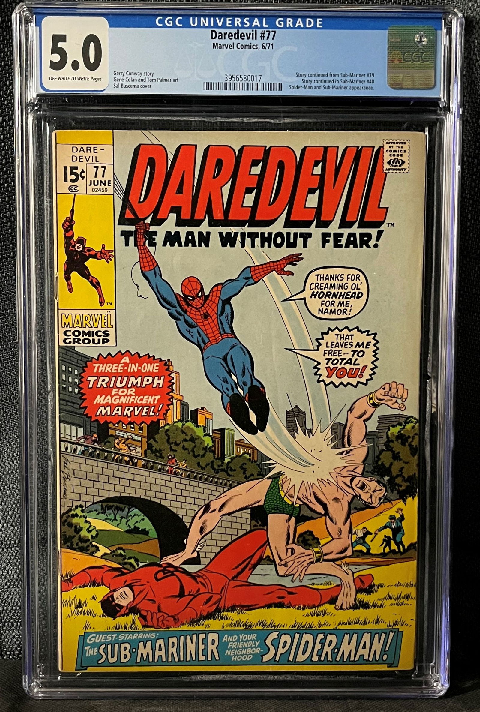Marvel Comics Daredevil #77, June 1971, Guest-Starring Spider-Man and Sub-Mariner, CGC Graded 5.0 (1 of 1)