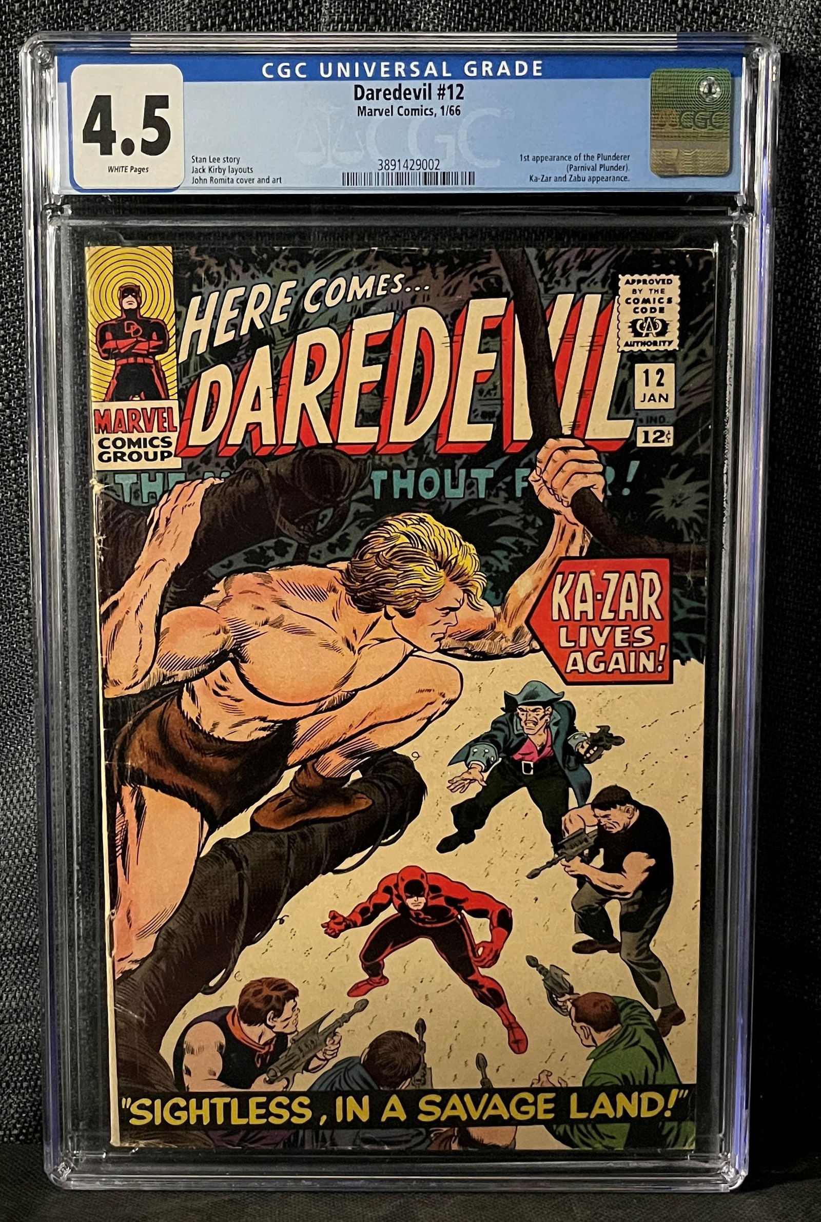 Daredevil #12, Marvel Comics, January 1966, CGC Graded 4.5, 1st Appearance Plunderer, Ka-Zar & Zabu (1 of 1)