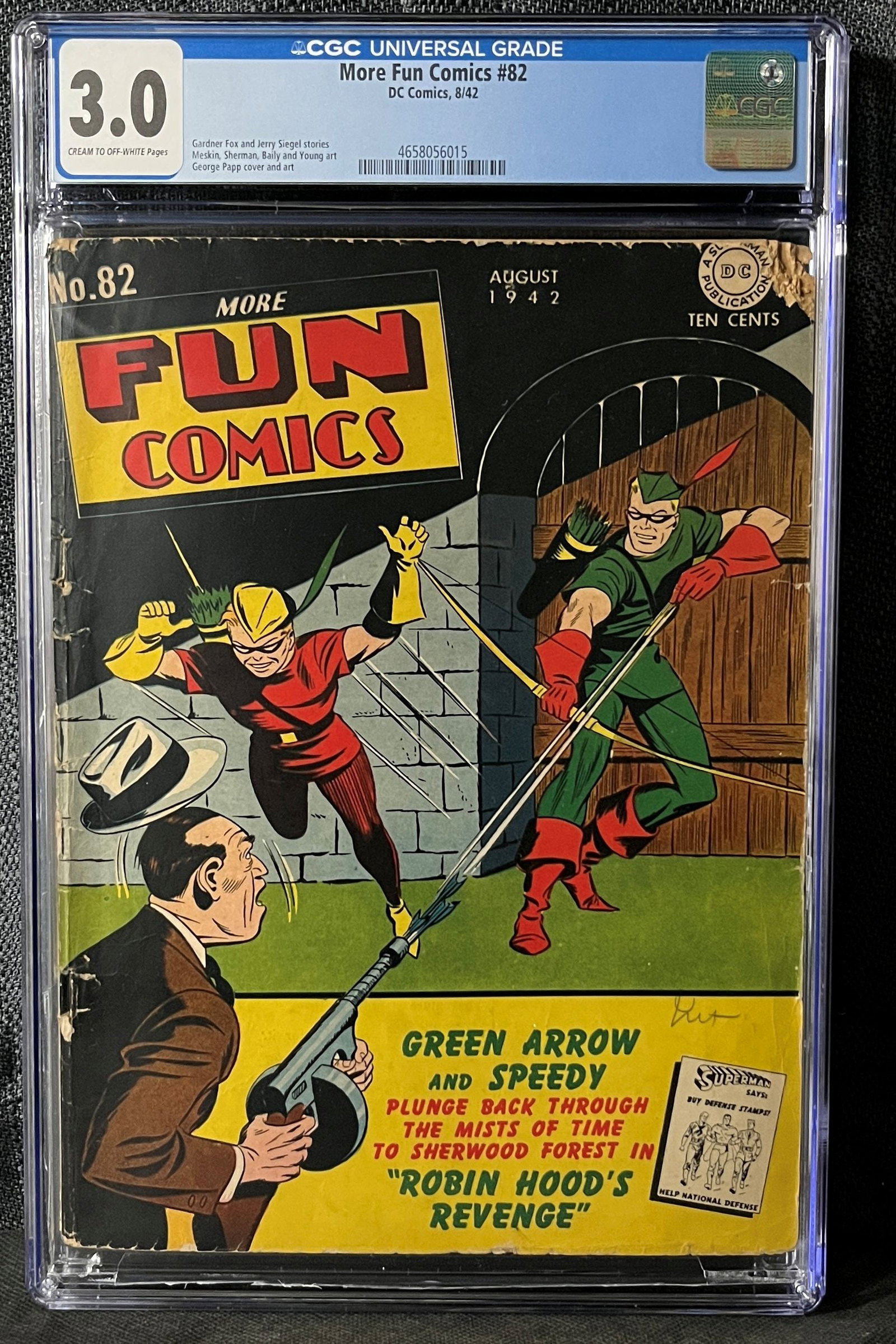 More Fun Comics #82, DC Comics, August 1942, CGC Graded 3.0: A Golden Age comic book, 'More Fun Comics #82', published by DC Comics in August 1942, originally priced at Ten Cents. This issue features cover art attributed to George Papp, depicting Green Arrow an
