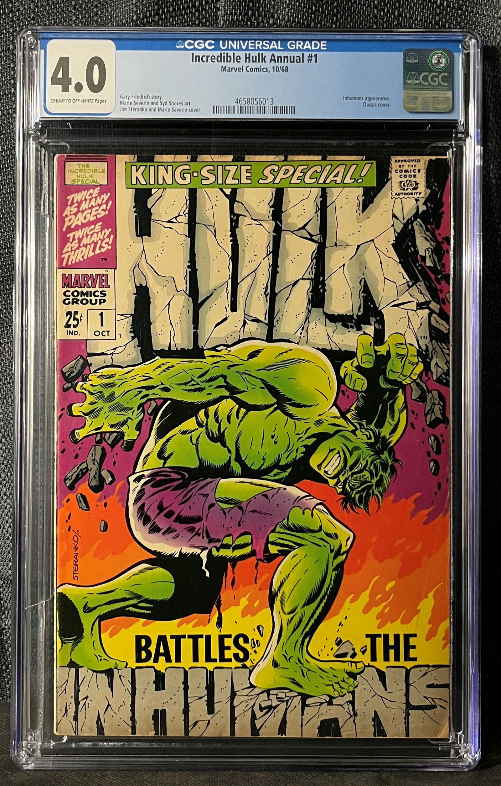 Incredible Hulk Annual #1, Marvel Comics, October 1968, CGC Graded 4.0: A professionally graded copy of Marvel Comics' "Incredible Hulk Annual #1," dated October 1968, encapsulated in a clear, rigid plastic slab by Certified Guaranty Company (CGC). The comic features a cl