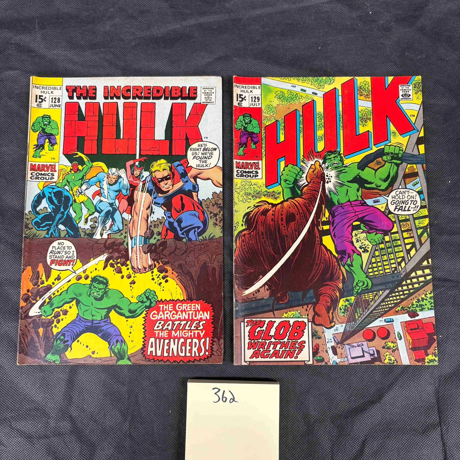 A Pair of The Incredible Hulk (1962) Comic Books, Issues #128 and #129: A pair of 'The Incredible Hulk' comic books from the 1962 Marvel Comics series. This lot includes issue #128 (June) and issue #129 (July), both published by the MARVEL COMICS GROUP with an original co