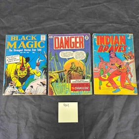 A Group of Three Vintage American Comic Books: Black Magic, Danger, and Indian Braves, Early 1960s