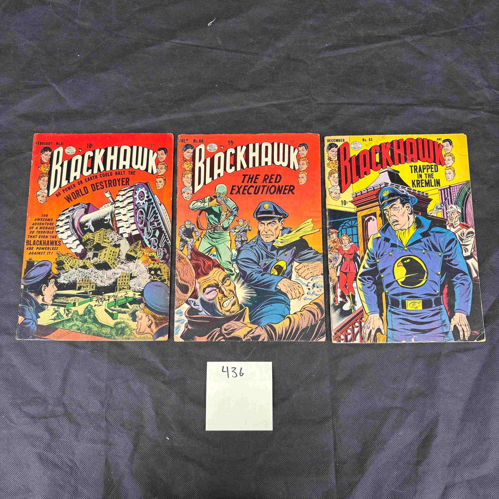 Three Blackhawk Comics by Quality Comics, Issues No. 46, 61, and 83: A group of three vintage American comic books, 'Blackhawk,' published by Quality Comics. This lot comprises issue No. 46 (July), subtitled 'THE RED EXECUTIONER'; issue No. 61 (February), subtitled 'NO
