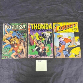 Three Golden Age Comic Books, including Thun'da King of the Congo, Kaanga Jungle King, and Miss
