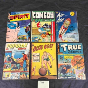 A Collection of Six Golden Age Comic Books, 1940s, including 'Spirit,' 'Comedy Comics,' 'Air Ace,'