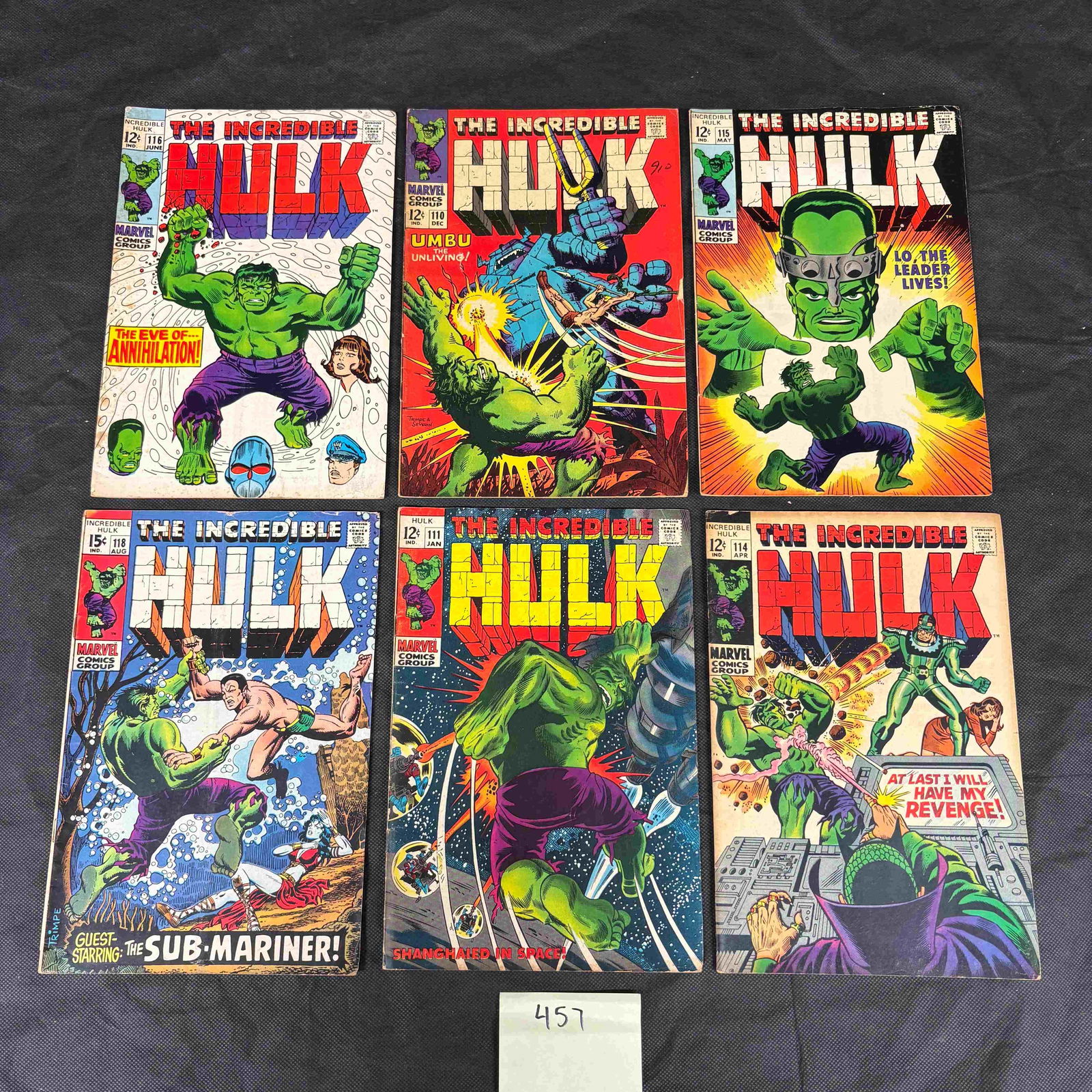 A Collection of Six Marvel Comics: The Incredible Hulk, 1969 Issues: A collection of six staple-bound comic books from the Marvel Comics Group, featuring "The Incredible Hulk." This lot includes issues #108 (February 1969), #110 (April 1969), #111 (May 1969), #114 (Jun