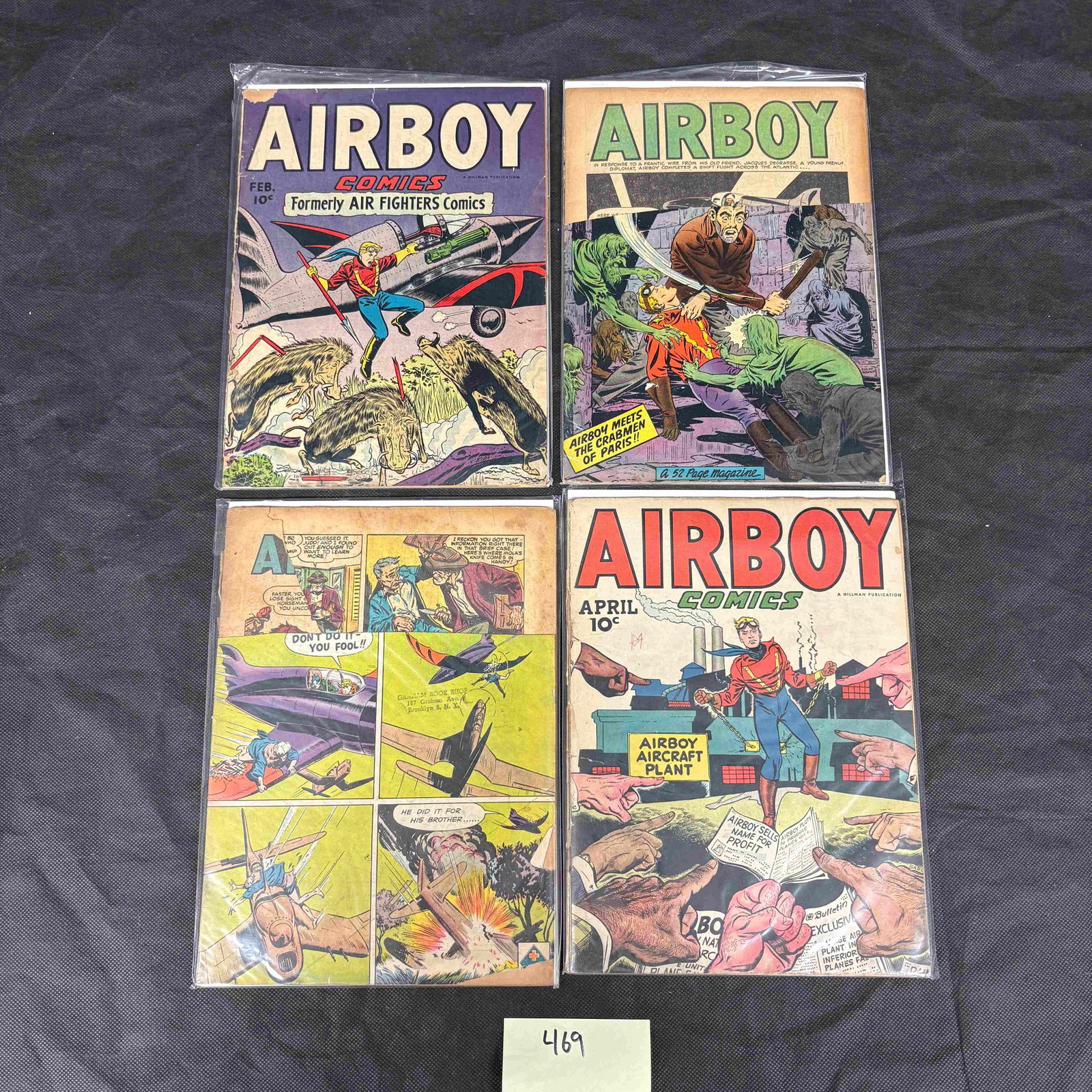 A Group of Four Golden Age Airboy Comics: A group of four vintage American comic books, all titled "AIRBOY" or "AIRBOY COMICS," featuring colorful adventure-themed illustrations characteristic of the Golden Age of comics. Two issues are expli