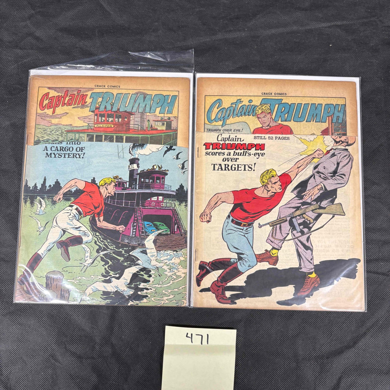 Two Golden Age Crack Comics, Captain Triumph #52 and #61: A pair of Golden Age comic books, published by CRACK COMICS, featuring the character Captain Triumph. The lot comprises *Crack Comics #52*, published January 1948, depicting Captain Triumph running as