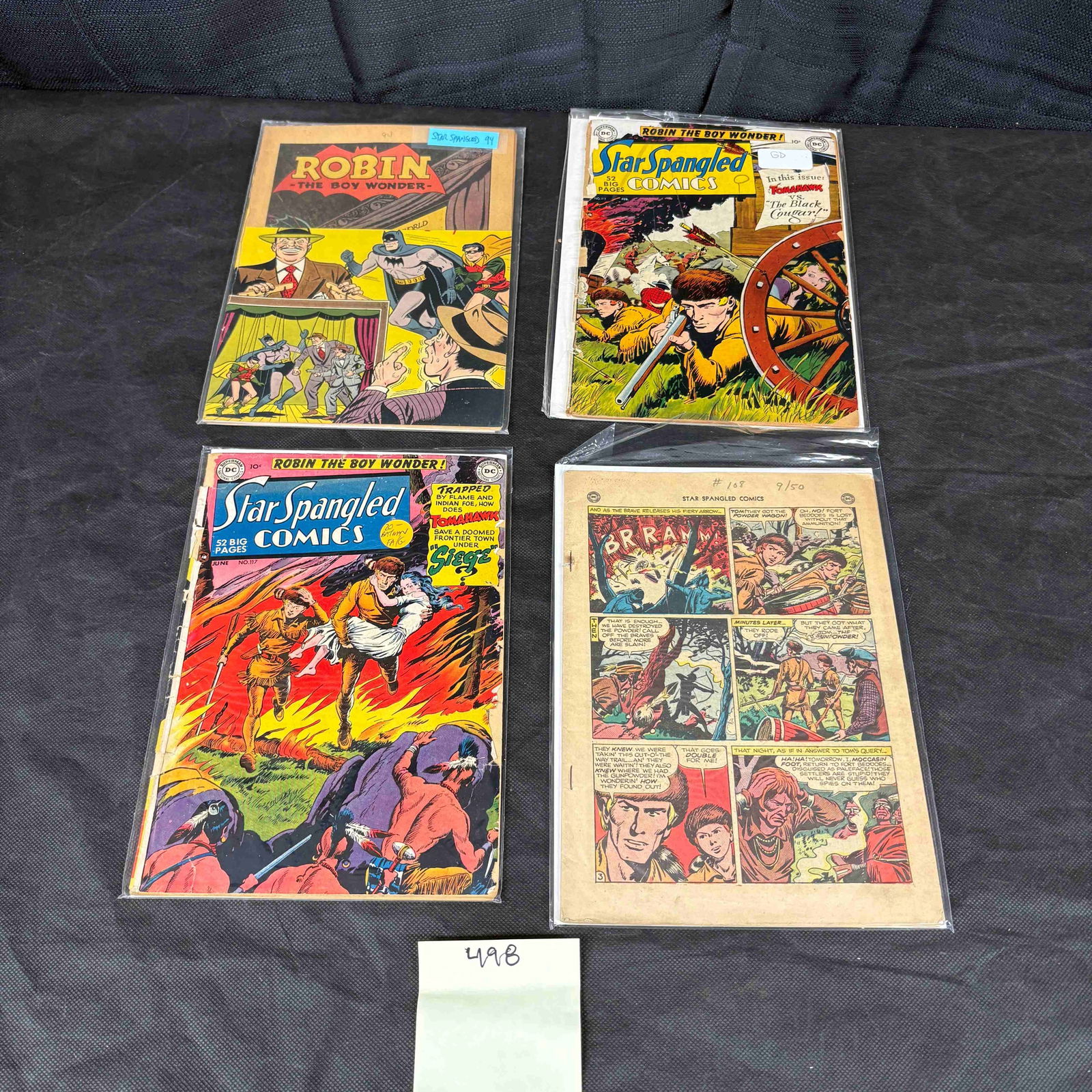 A Group of 4 Star Spangled Comics and One Loose Page, DC Comics, Golden Age: A group of 4 Golden Age comic books from the Star Spangled Comics series, published by DC Comics, includes a coverless copy of issue #108. The lot includes: 1. Star Spangled Comics #96 (September 1949