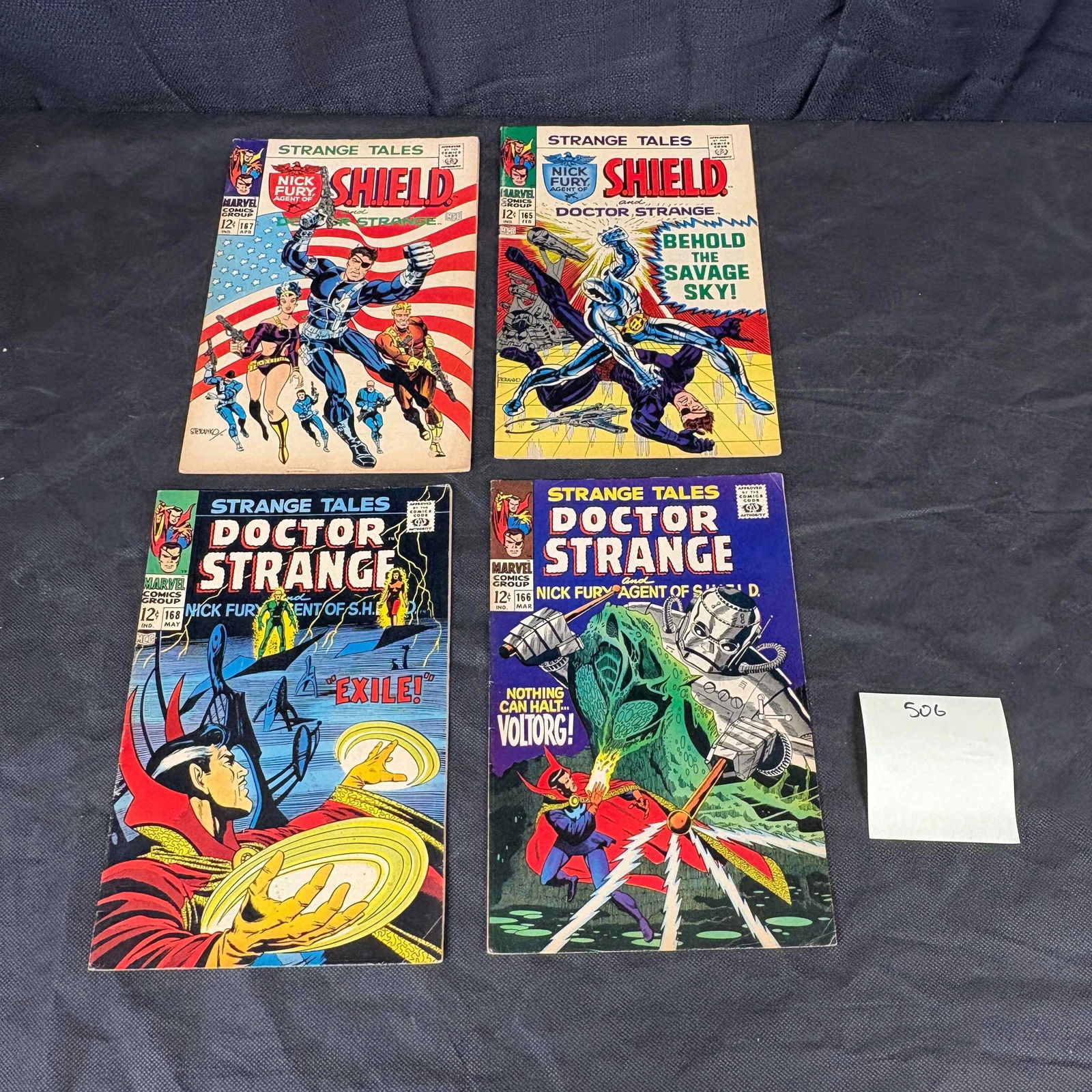 A Group of Four Marvel Comics Group Strange Tales, Issues #164-167, 1968, featuring Nick Fury Agent: A group of four Marvel Comics Group 'Strange Tales' comic books, published in 1968. The lot includes sequential issues Vol. 1 No. 164 (January), No. 165 (February), No. 166 (March), and No. 167 (April