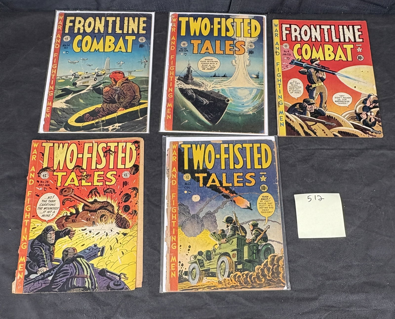 A Collection of Five EC Comics: Two-Fisted Tales and Frontline Combat War Comics, 1950s: A collection of five vintage American comic books published by EC Comics, featuring three issues of 'Two-Fisted Tales' and two issues of 'Frontline Combat'. The collection includes 'Two-Fisted Tales'