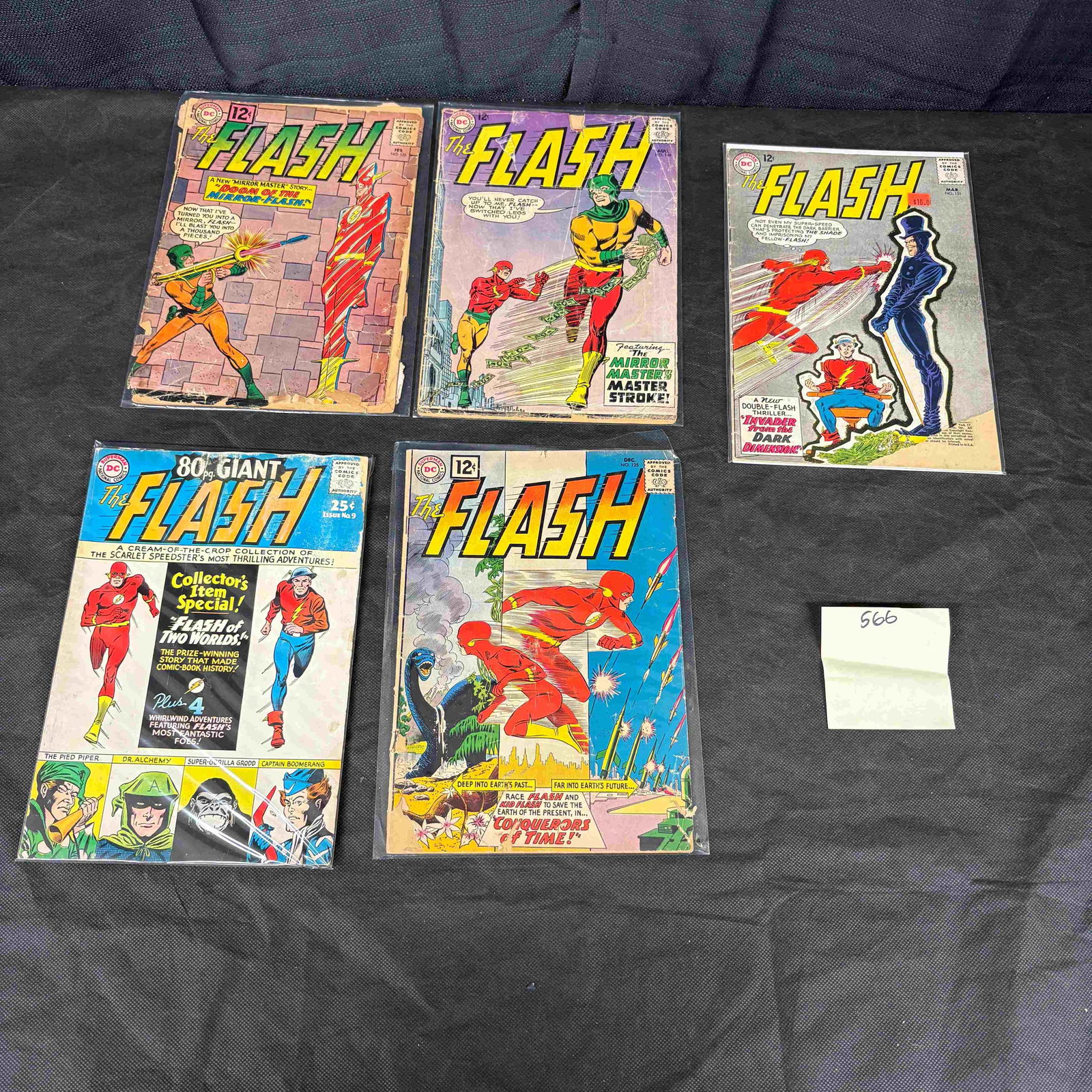 A Group of Five DC Comics The Flash Silver Age Comic Books, including issues #143, #145, #147, #149,: A group of five Silver Age DC Comics 'The Flash' comic books, from the 1959-1985 series. The lot includes issues #143, #145, #147, #149, and one 80c GIANT COLLECTOR'S SPECIAL prominently featuring the