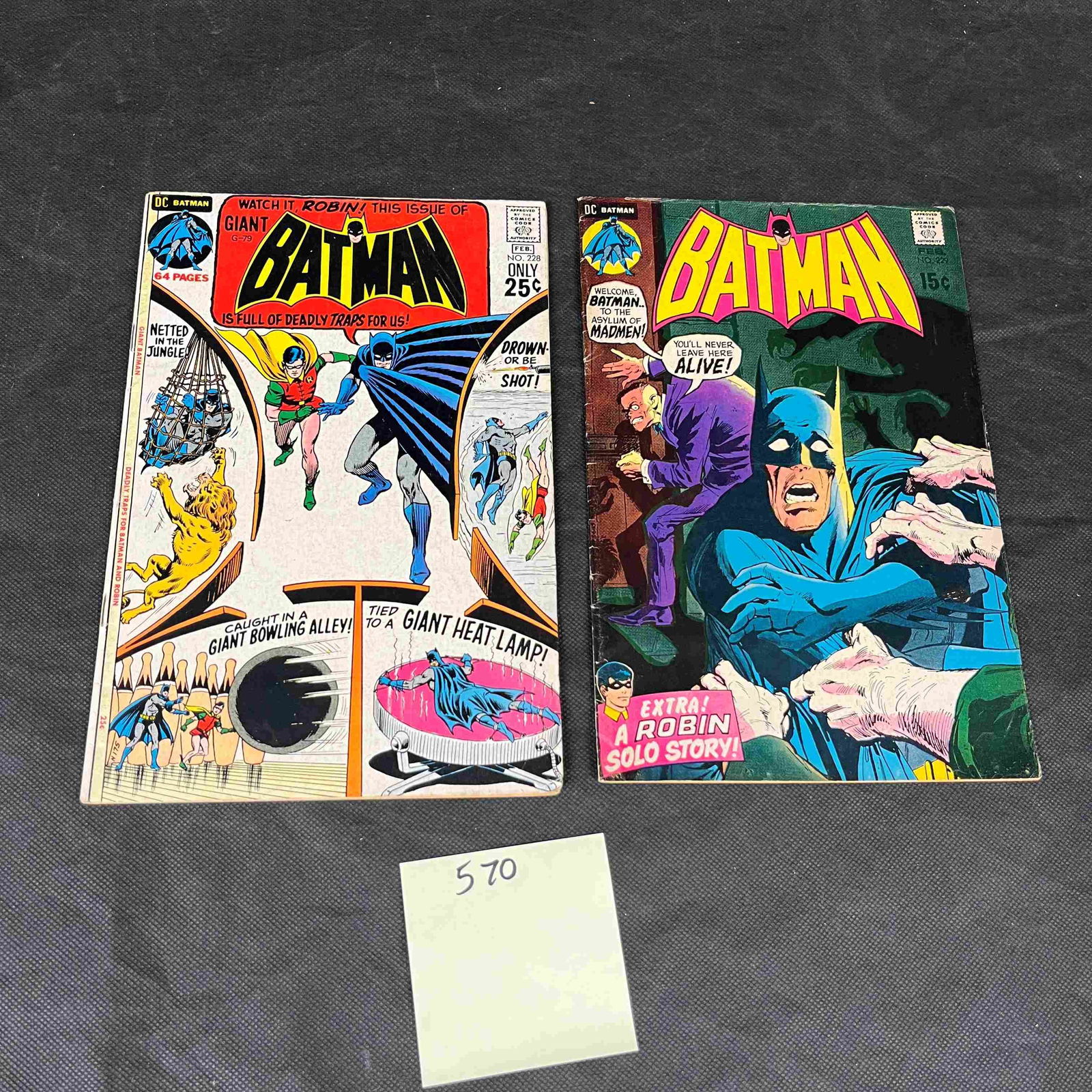 Vintage DC Comics Batman #219 and #228: vintage paper items, comprising two DC Comics Batman comic books and two Aurora toy advertisements. The comic books include *Batman #219* (May 1970), priced at 15c and featuring an 'Extra! A Robin Sol