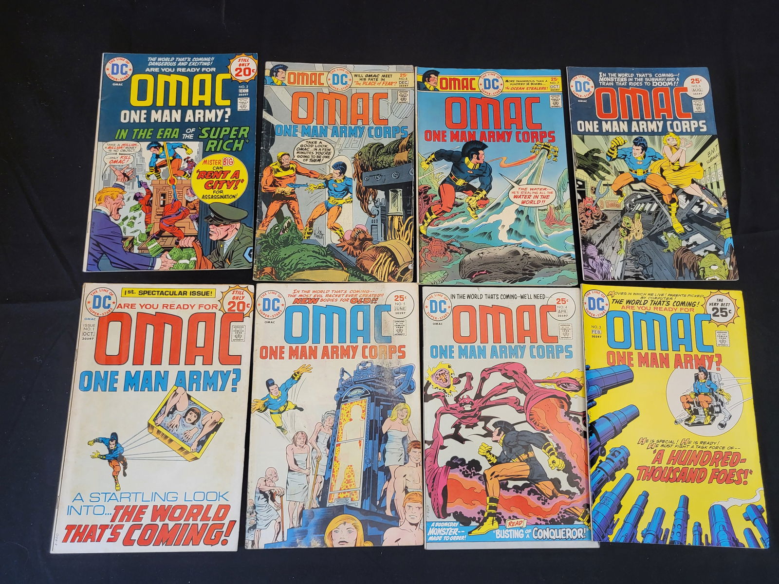 A Collection of OMAC One Man Army Corps DC Comic Books by Jack Kirby: BID PER WHAT YOU SEE IN THE PHOTO, NOT THE AI GENERATED TITLES AND DESCRIPTIONS! A collection of Bronze Age DC comic books featuring OMAC One Man Army Corps, created, written, and illustrated by Jack