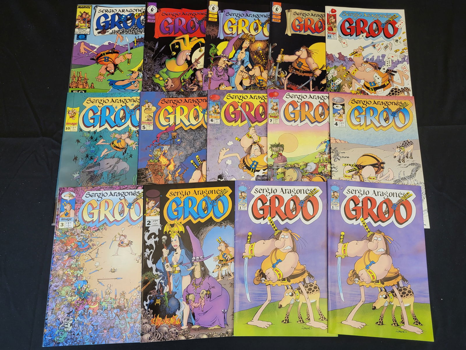 A Collection of Sergio Aragones' Groo the Wanderer Comic Books: BID PER WHAT YOU SEE IN THE PHOTO, NOT THE AI GENERATED TITLES AND DESCRIPTIONS! A collection of comic books featuring the character Groo, created by artist Sergio Aragones. The group includes titles