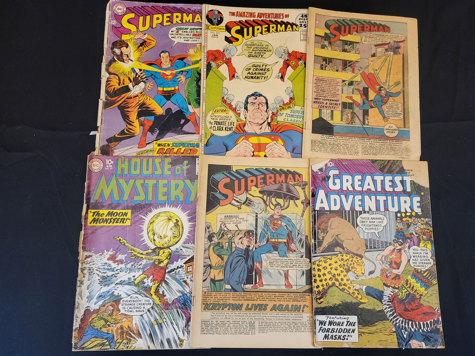 A Collection of Vintage DC Comics including Superman, House of Mystery, and My Greatest Adventure: BID PER WHAT YOU SEE IN THE PHOTO, NOT THE AI GENERATED TITLES AND DESCRIPTIONS! A collection of vintage comic books published by National Periodical Publications (DC Comics) dating from the Silver an