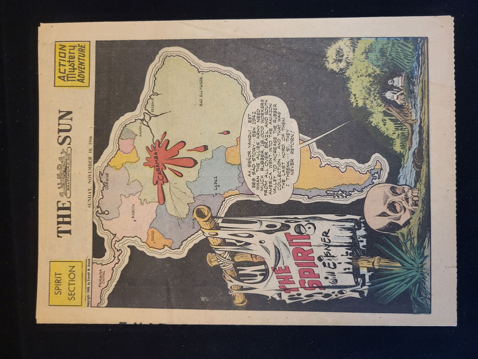 The Sunday Sun Spirit Section Comic Supplement featuring The Spirit by Will Eisner, November 10,: BID PER WHAT YOU SEE IN THE PHOTO, NOT THE AI GENERATED TITLES AND DESCRIPTIONS! This vintage newsprint item is a comic supplement titled the Spirit Section from the Baltimore, Maryland newspaper The