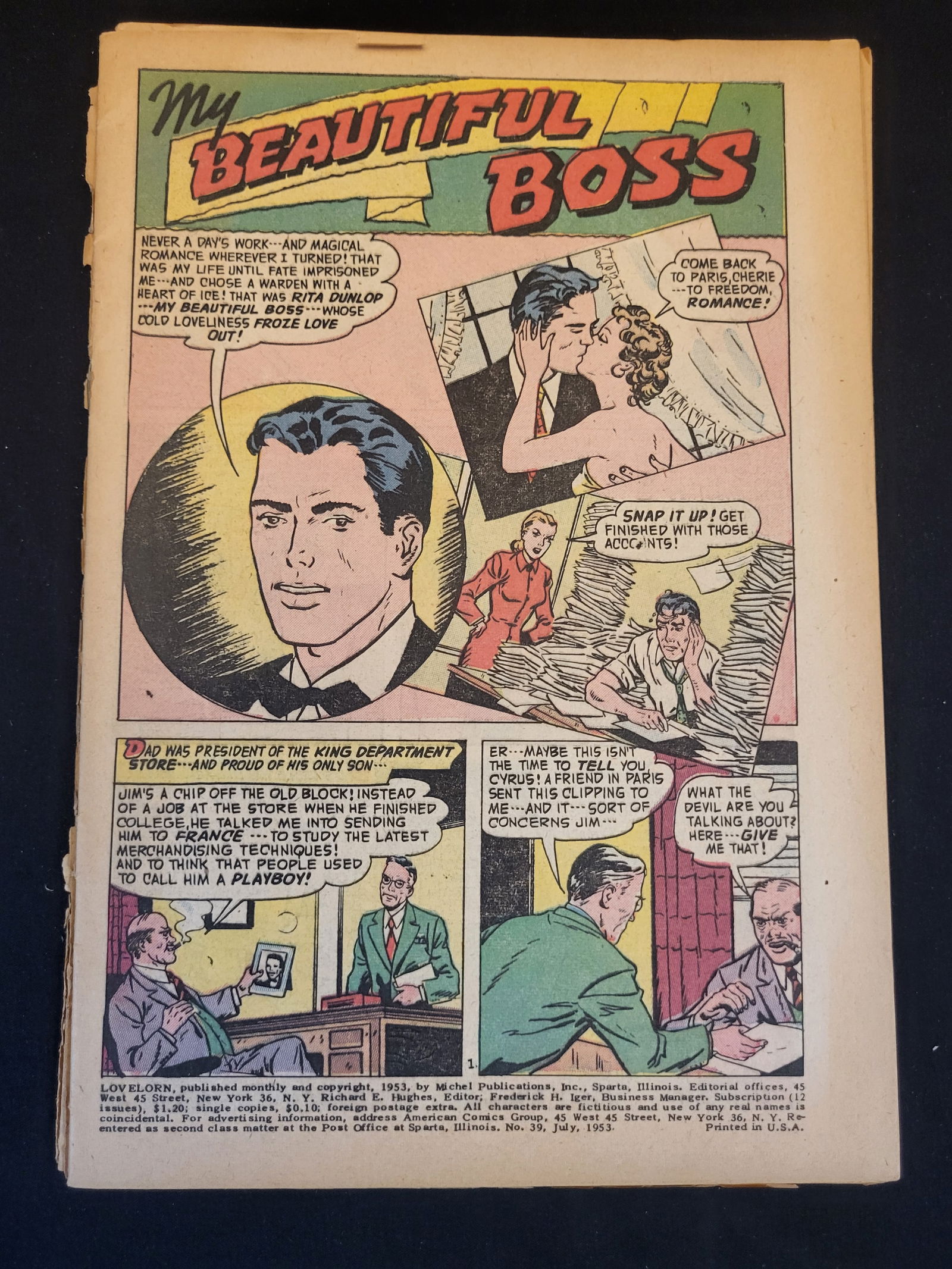 Single Leaf from Lovelorn No. 39 Romance Comic Book July 1953: BID PER WHAT YOU SEE IN THE PHOTO, NOT THE AI GENERATED TITLES AND DESCRIPTIONS! This item is a single newsprint leaf from the romance comic book Lovelorn, issue number 39, published in July 1953 by M