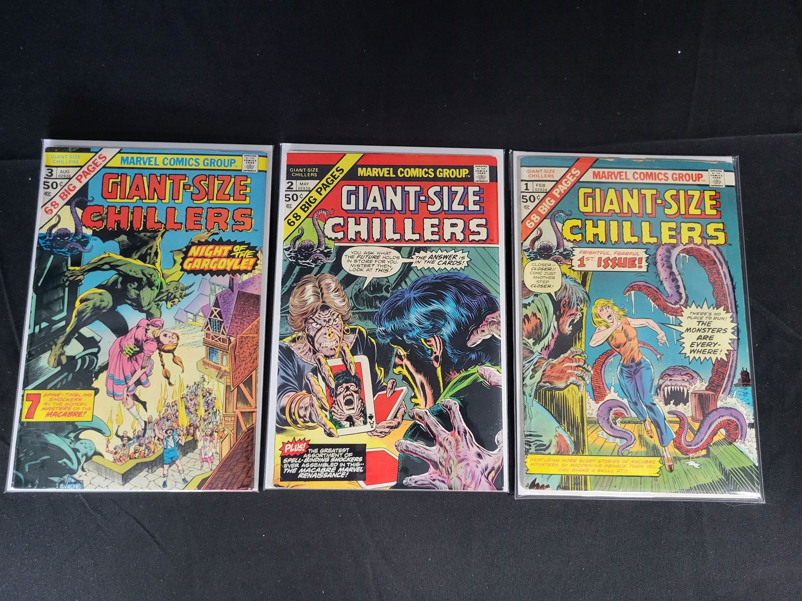 A Trio of Marvel Comics Giant-Size Chillers Issues 1, 2, and 3: BID PER WHAT YOU SEE IN THE PHOTO, NOT THE AI GENERATED TITLES AND DESCRIPTIONS! A trio of Bronze Age horror-themed comic books from the Marvel Comics Group series titled Giant-Size Chillers. The coll