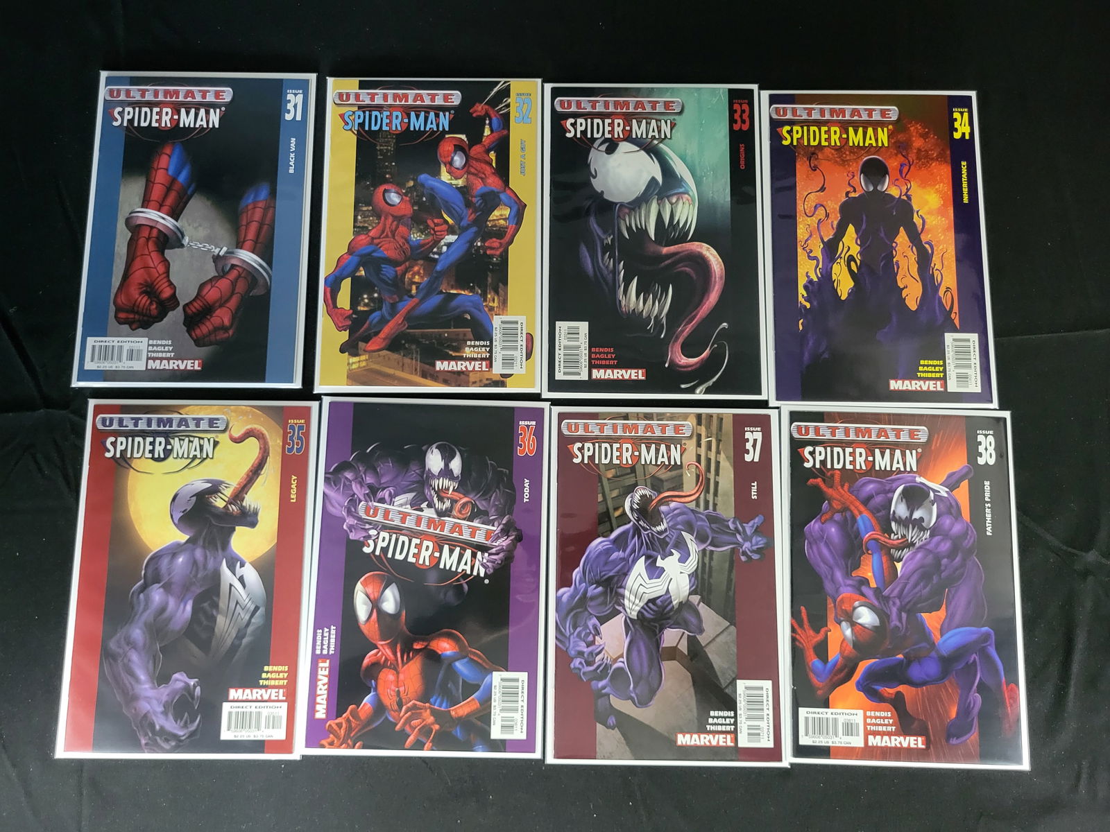 A Collection of Ultimate Spider-Man Comic Books Featuring Venom Issues 31-38: BID PER WHAT YOU SEE IN THE PHOTO, NOT THE AI GENERATED TITLES AND DESCRIPTIONS! A collection of Ultimate Spider-Man comic books published by Marvel Comics, featuring a consecutive run of issues from