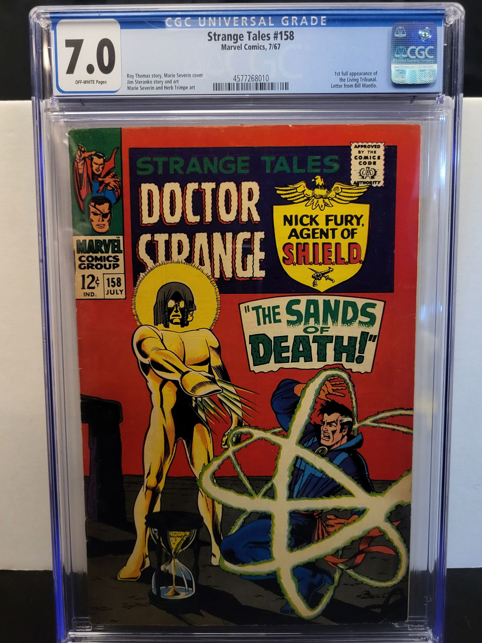 Strange Tales #158 CGC 7.0 Marvel Comics 1967 First Full Appearance of the Living Tribunal: BID PER WHAT YOU SEE IN THE PHOTO, NOT THE AI GENERATED TITLES AND DESCRIPTIONS! Marvel Comics Strange Tales #158, published July 1967. This Silver Age comic book features the first full appearance of