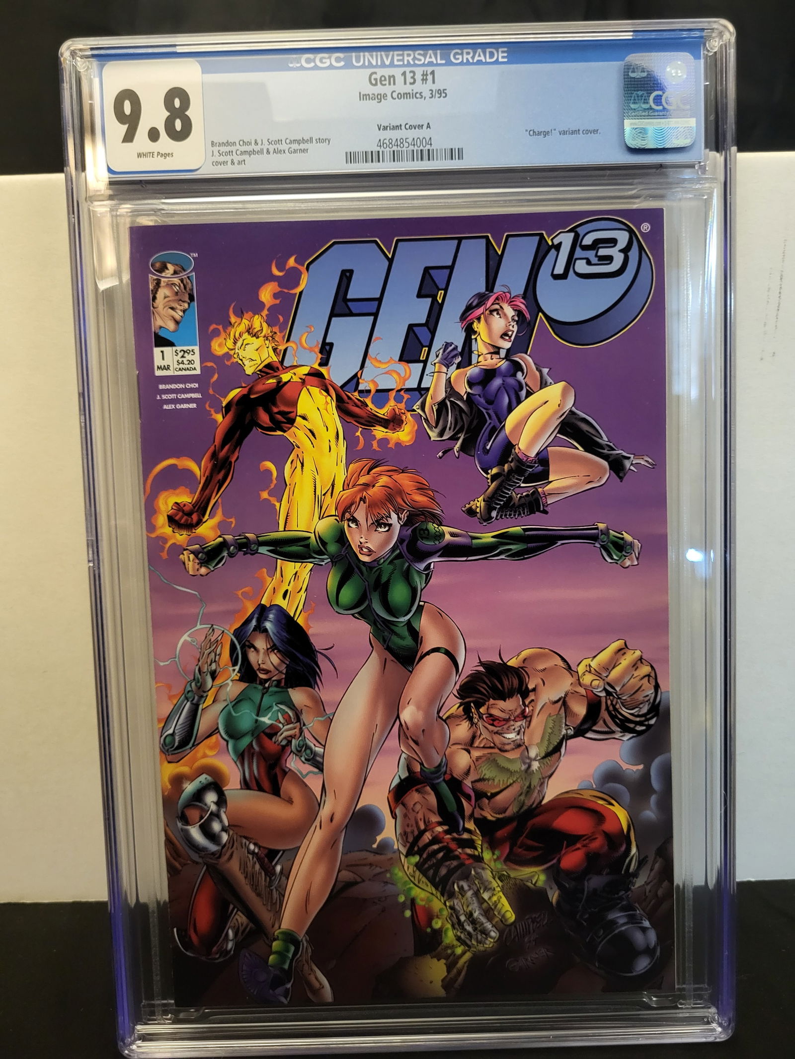 Gen 13 #1 CGC 9.8 Image Comics 1995 Variant Cover A J. Scott Campbell Art: BID PER WHAT YOU SEE IN THE PHOTO, NOT THE AI GENERATED TITLES AND DESCRIPTIONS! A professionally graded comic book, Gen 13 #1, published by Image Comics in March 1995. This specimen is Variant Cover