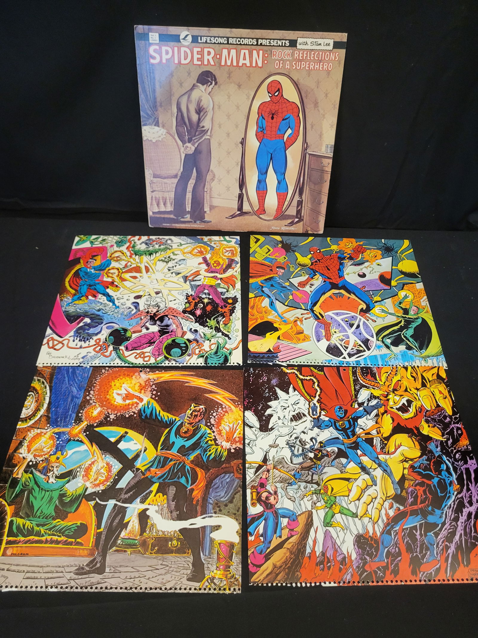 A Collection of Spider-Man: Rock Reflections of a Superhero Vinyl Record and Art Panels: BID PER WHAT YOU SEE IN THE PHOTO, NOT THE AI GENERATED TITLES AND DESCRIPTIONS! This collection includes a 1975 Lifesong Records LP titled Spider-Man: Rock Reflections of a Superhero and a group of a